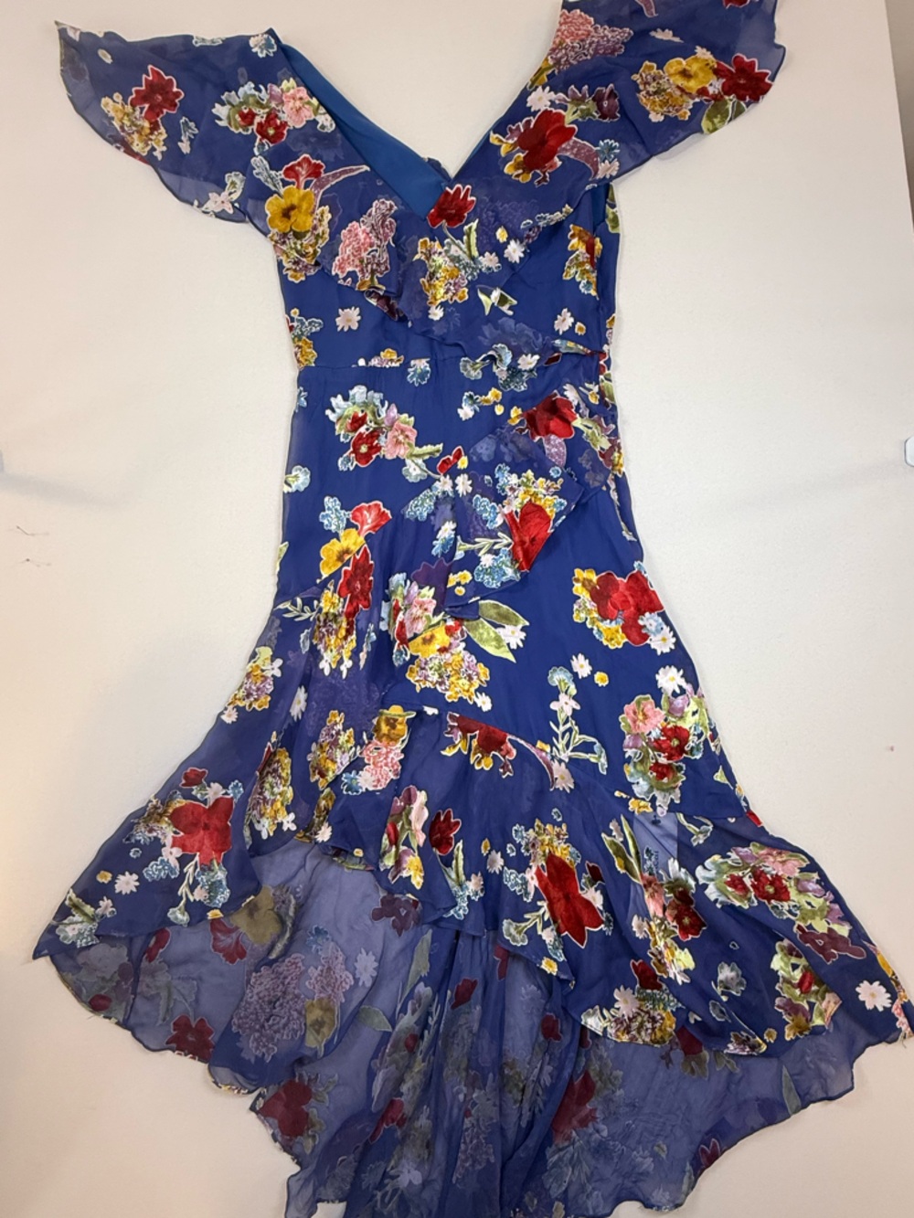 Alice + Olivia Royal Blue Floral Maxi Dress with Red & Yellow Blooms